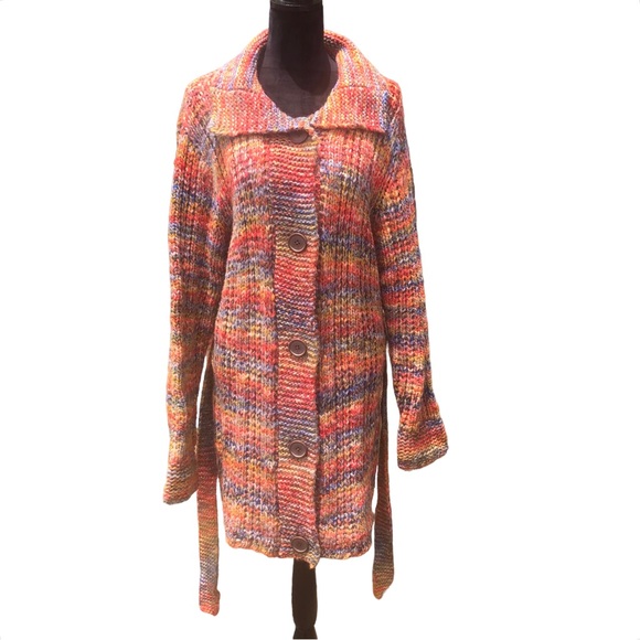Chadwicks Sweaters - Chadwick’s Striped Chunky Belted Crochet Cardigan size Large